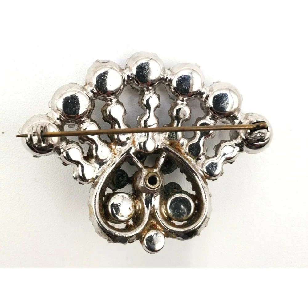 Vintage Pot Metal Fan Brooch AB Rhinestones Blue Crystal Silver Tone Pin